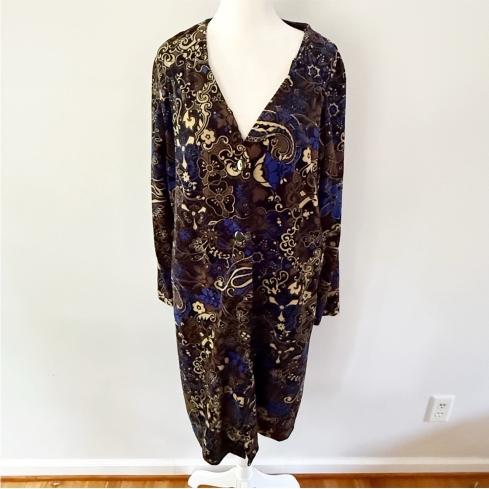 Vintage Women Velvet Floral Button Down Topper Medium 90s Dark Grunge Boho Comfy